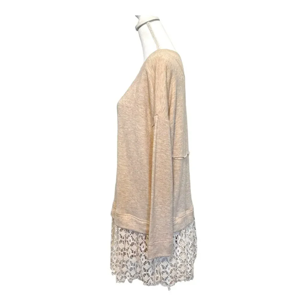 Free People Beach Shake It Oatmeal Lacey Pullover Tunic Top One Size